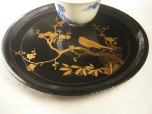 Antique Japanese Meiji Era 1860 Round Black Lacquer Shochikubai Makie Plate