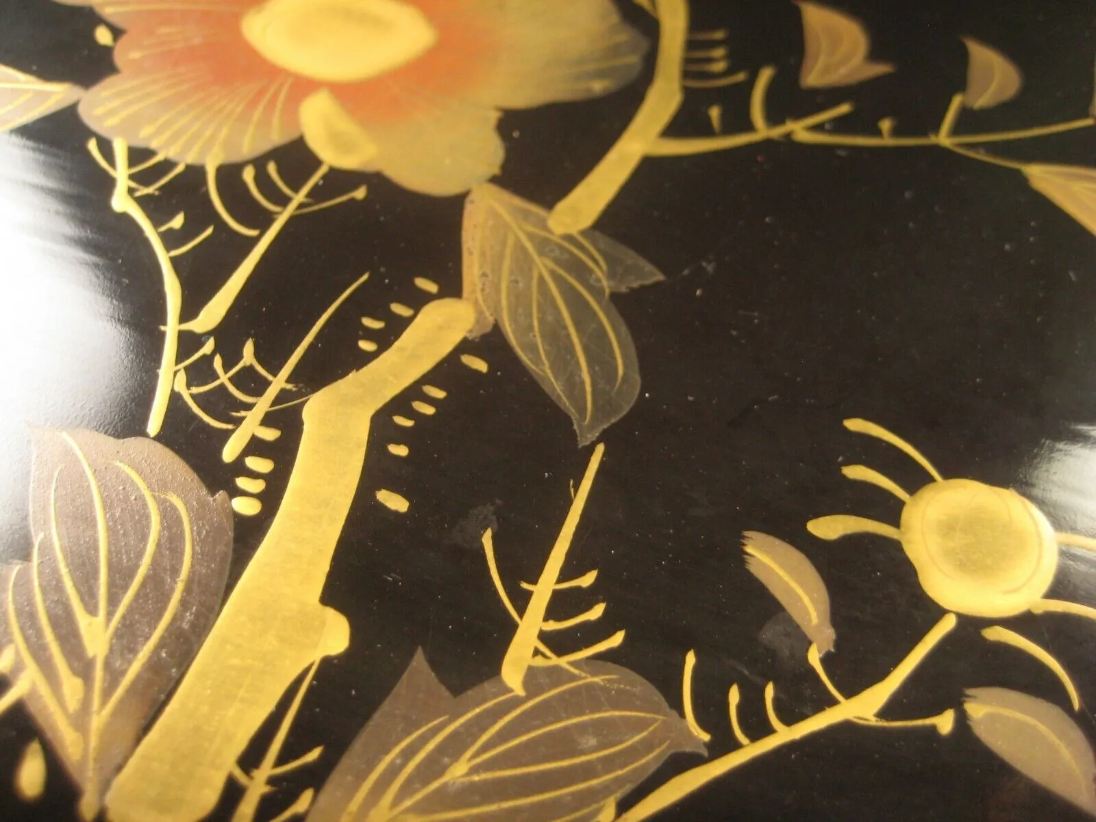 Antique Japanese Meiji Era Ozen Obon Black & Gold Lacquer Peony