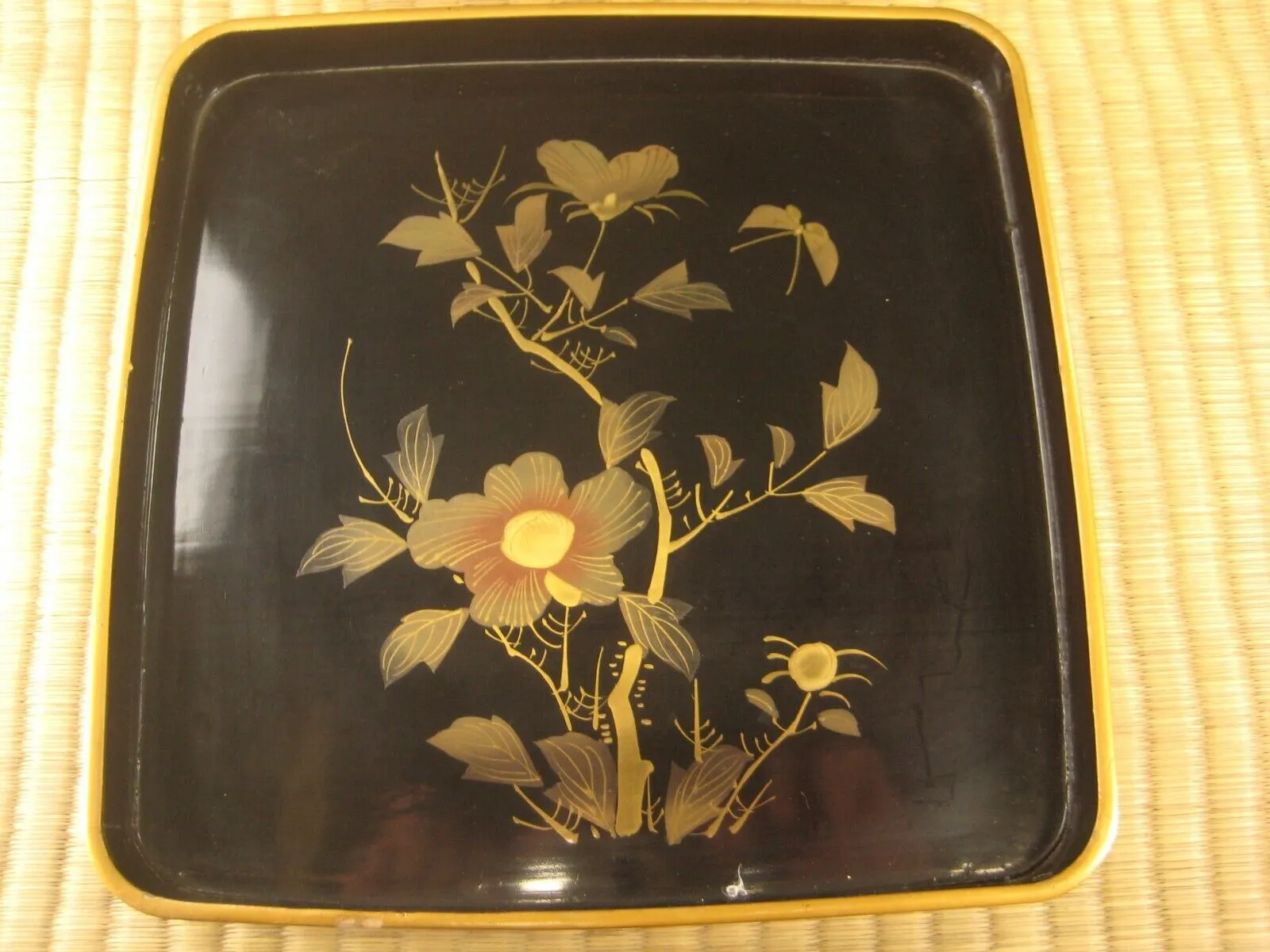 Antique Japanese Meiji Era Ozen Obon Black & Gold Lacquer Peony