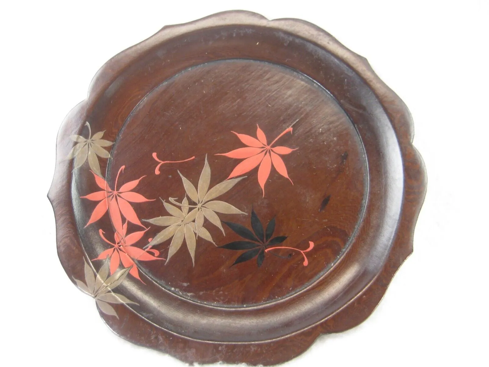 Antique Japanese Momo Lacquer Plate W/ Hand Painted Japanese Maple Leaves 6"