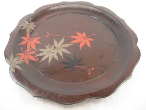 Antique Japanese Momo Lacquer Plate W/ Hand Painted Japanese Maple Leaves 6"