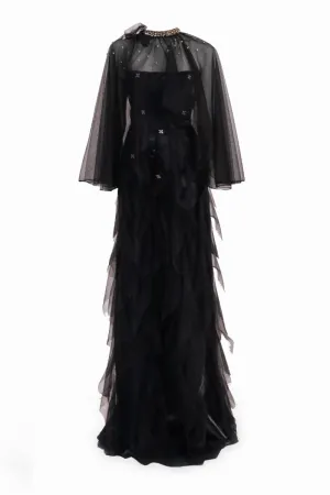 BLACK TAFETTA MAXI DRESS WITH SHOULDER CAPE