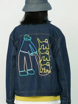 Blue Cartoon Embroidery Casual Women Denim Jackets AutumnVintage Long Sleeve Turndown Collar Ladies Outerwear Coat