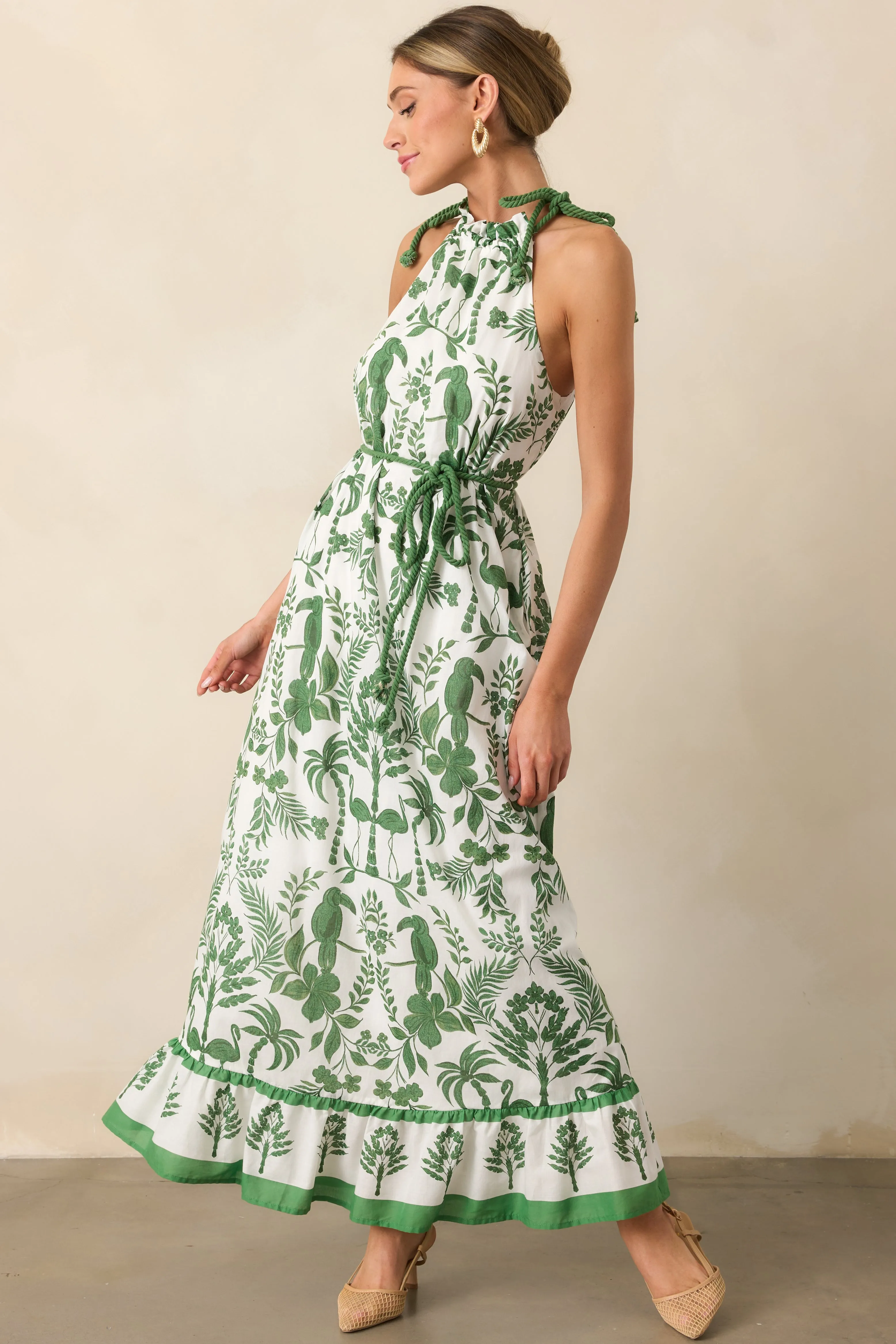 Breeze Through Paradise Cotton Green Tropical Print Maxi Dress