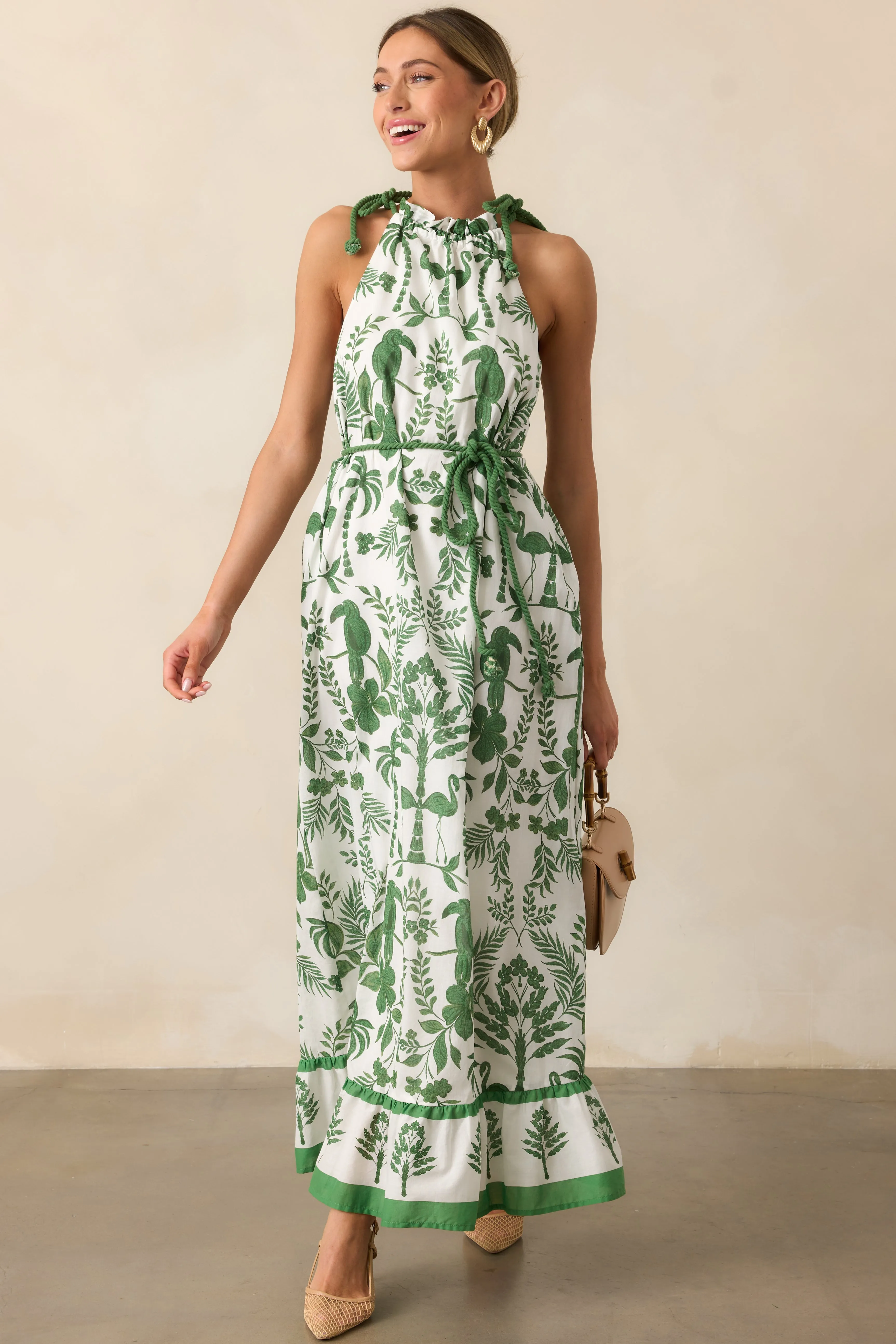 Breeze Through Paradise Cotton Green Tropical Print Maxi Dress