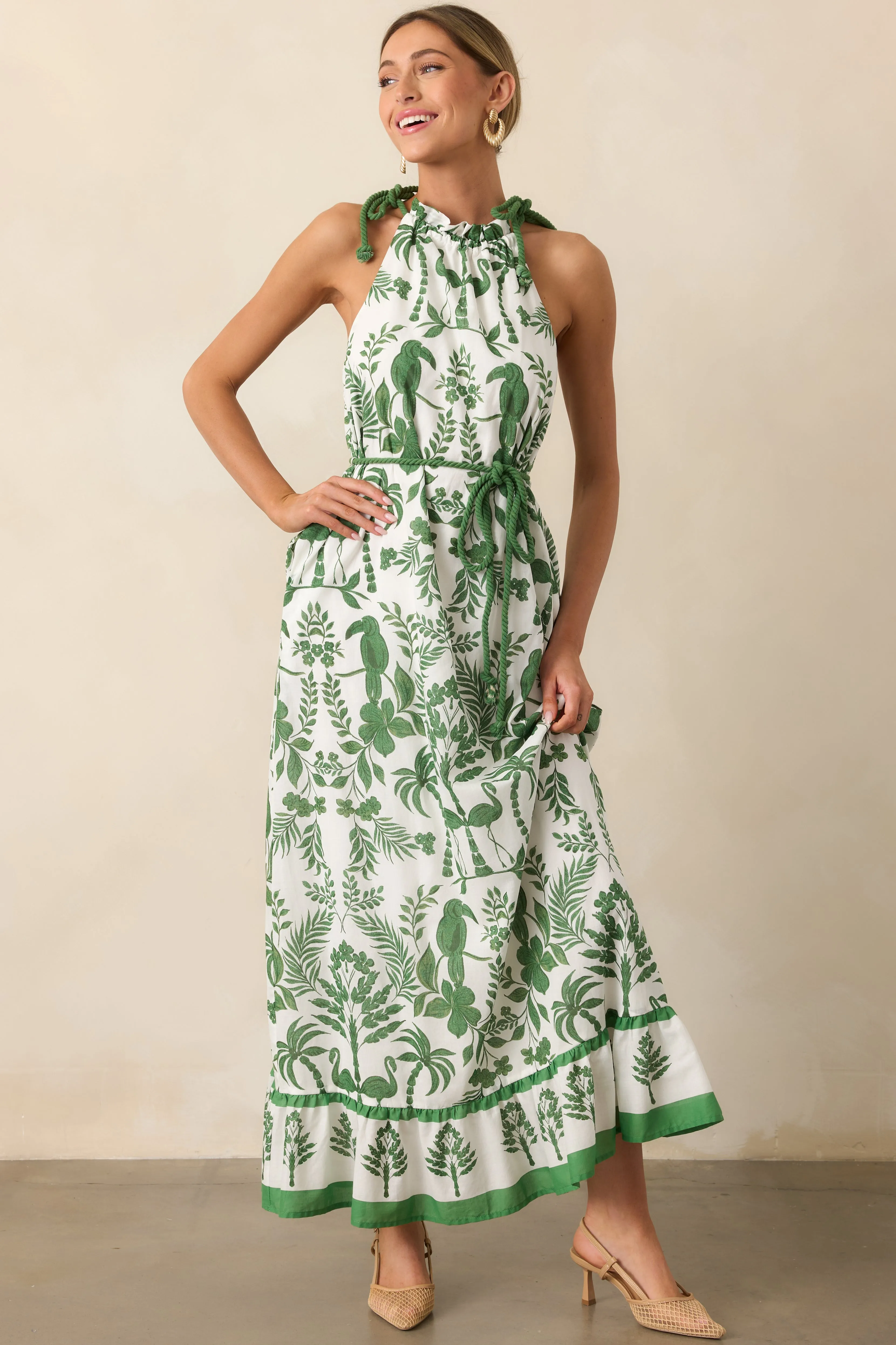 Breeze Through Paradise Cotton Green Tropical Print Maxi Dress