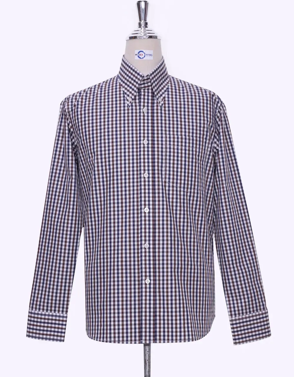 Button Down Shirt - Brown And Navy Blue Gingham Check Shirt