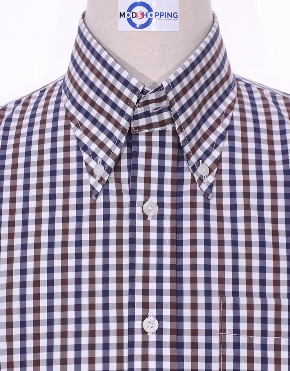 Button Down Shirt - Brown And Navy Blue Gingham Check Shirt