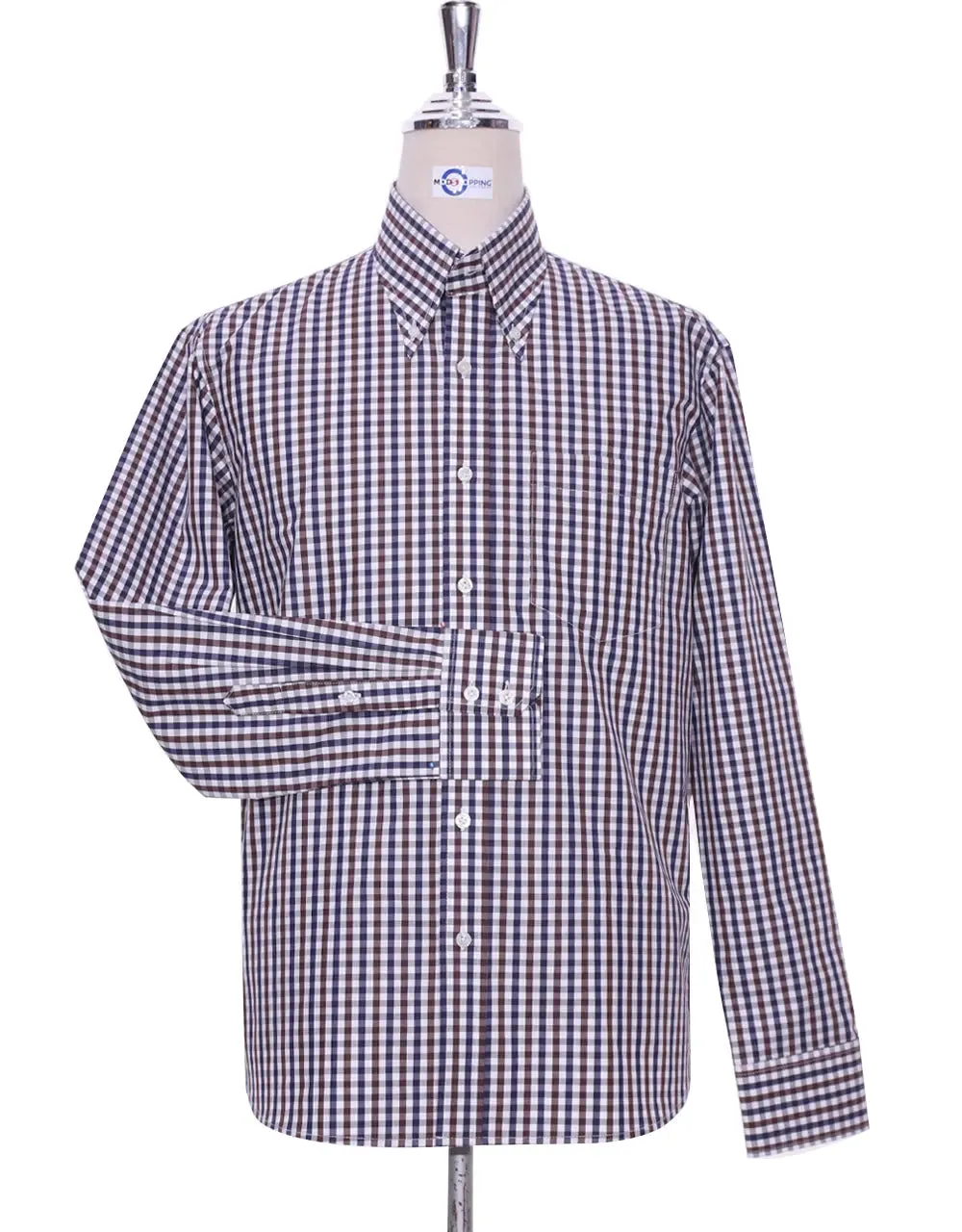 Button Down Shirt - Brown And Navy Blue Gingham Check Shirt