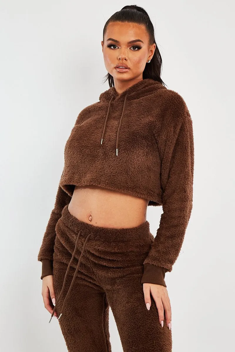 Chocolate Cropped Teddy Hoodie - Amyia