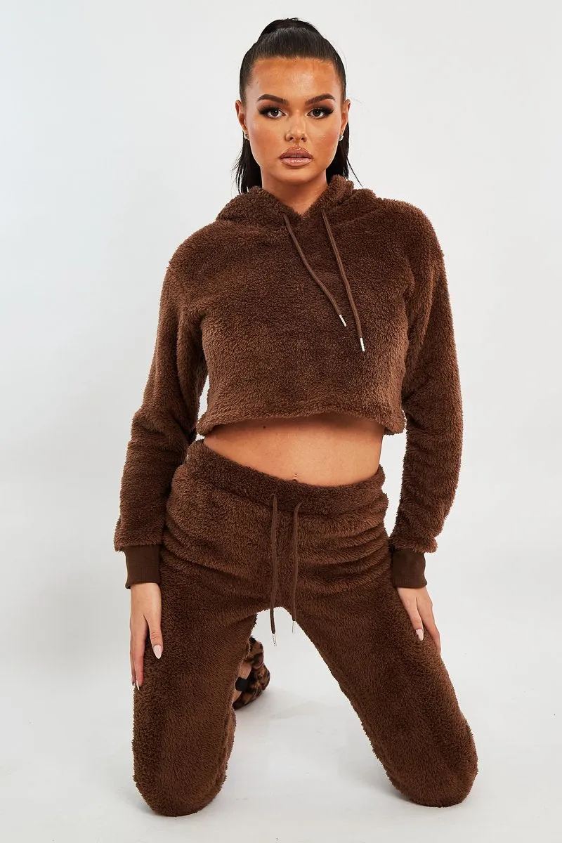 Chocolate Cropped Teddy Hoodie - Amyia