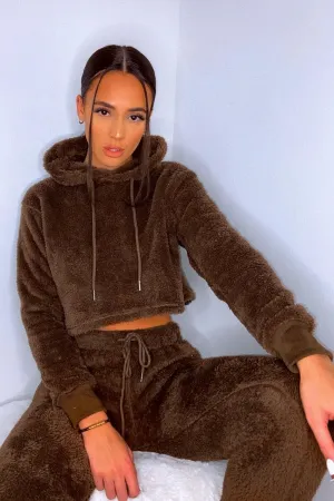 Chocolate Cropped Teddy Hoodie - Amyia