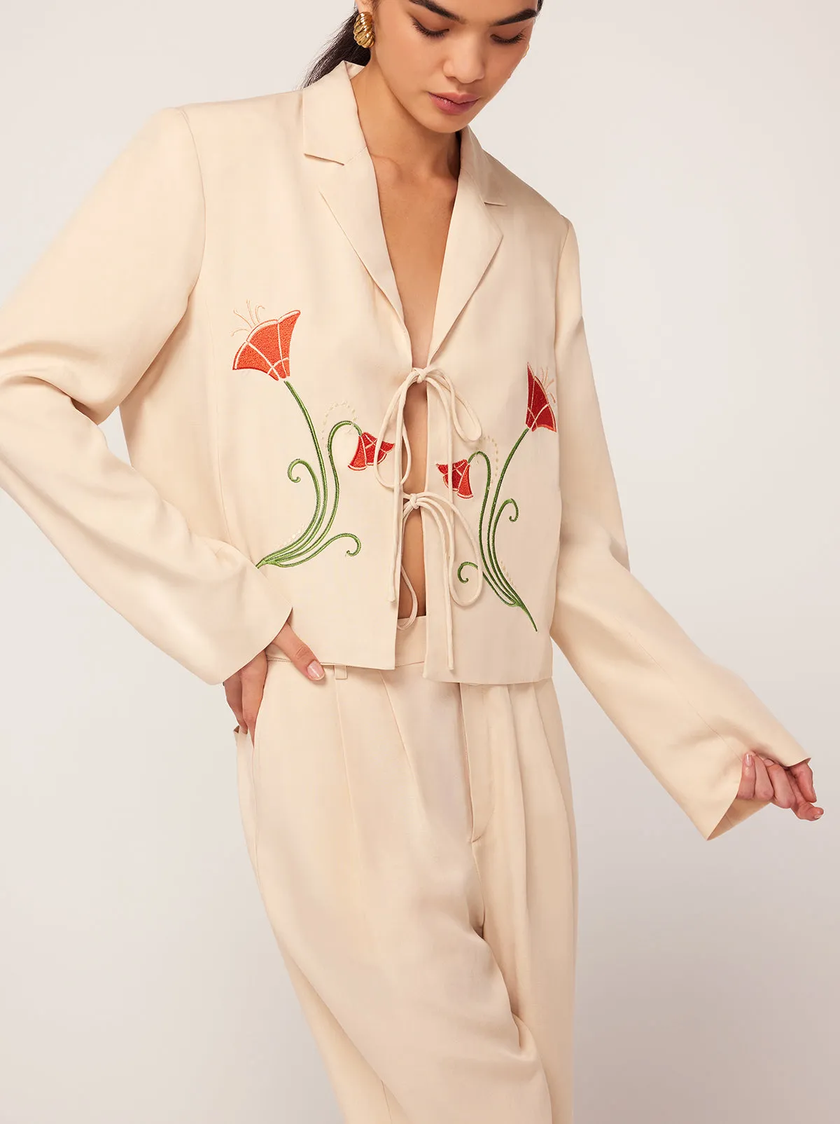 Cressida Sand Embroidered Tie Front Blazer