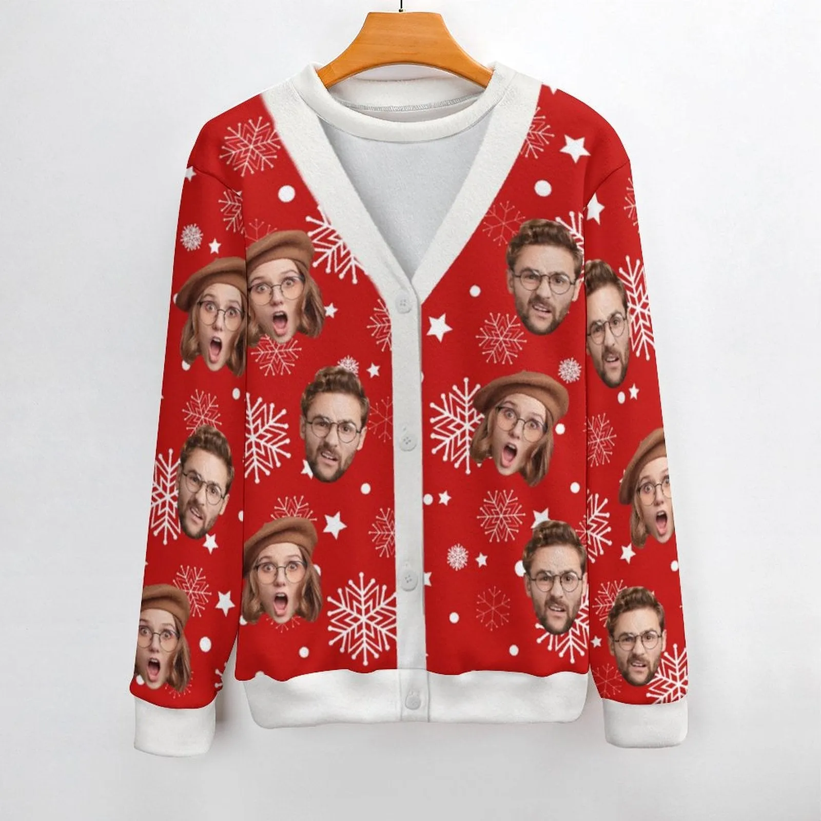 Custom Face Christmas Snowflake Pattern Fake Cardigan Unisex Crew Neck Sweater