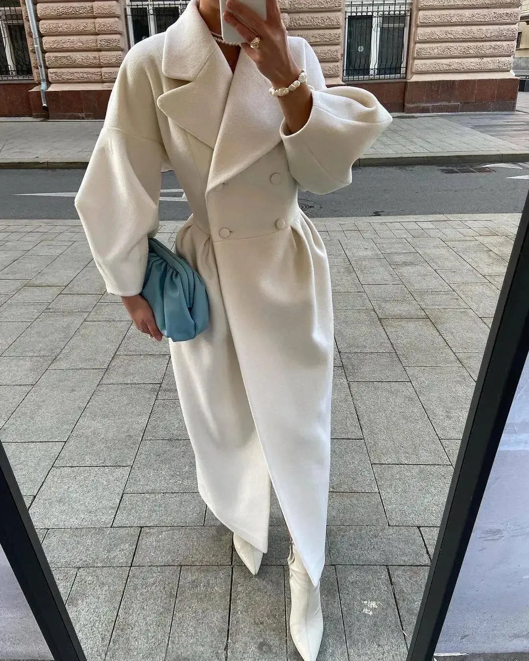 Fashionkova Elegant Solid Woolen Blend Overcoat Women Fashion Thick Lapel Double-Breasted Long Sleeve Jacket 2024 Spring Autumn Lady Outwear