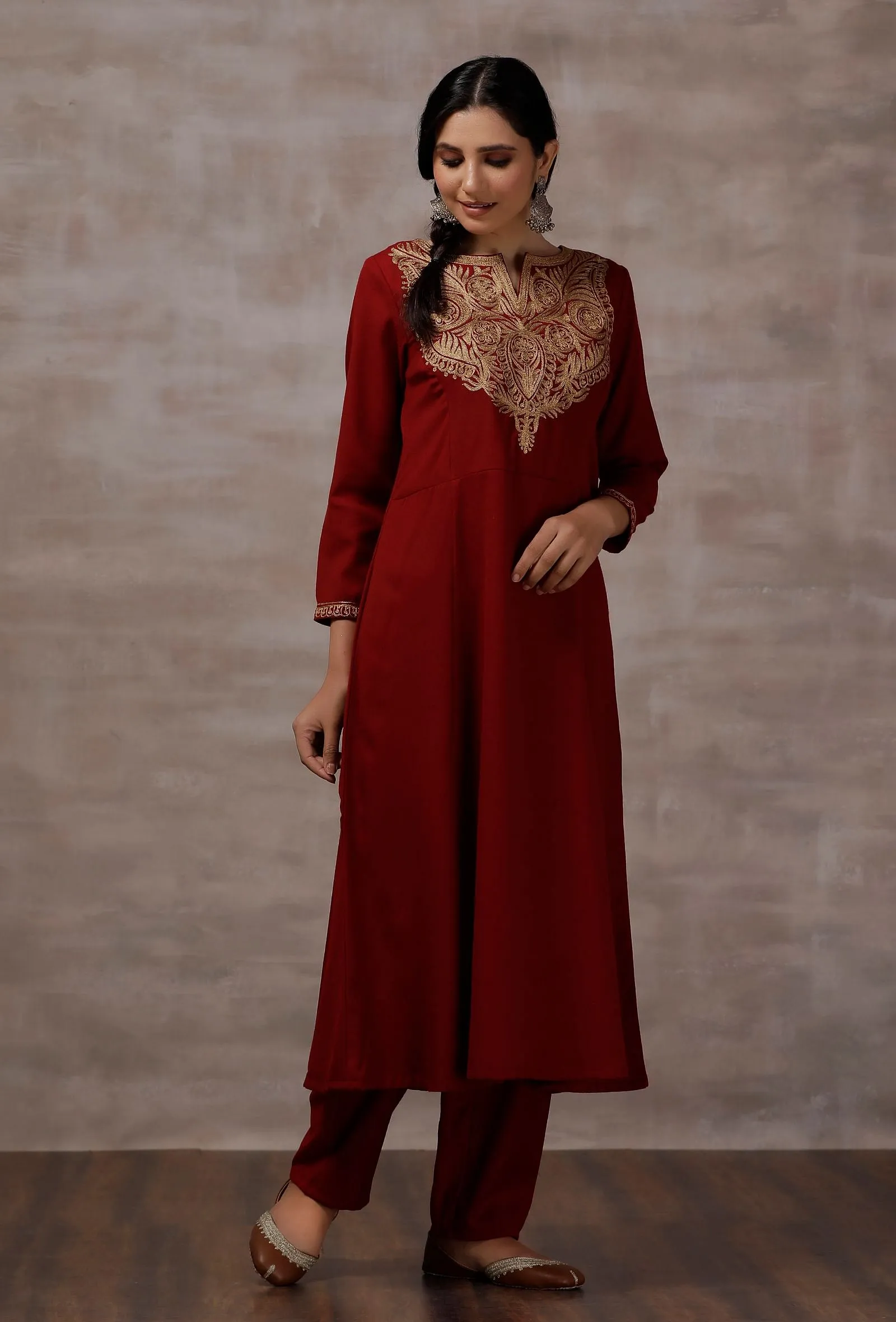 Lata Maroon A-Line Woollen Kurta