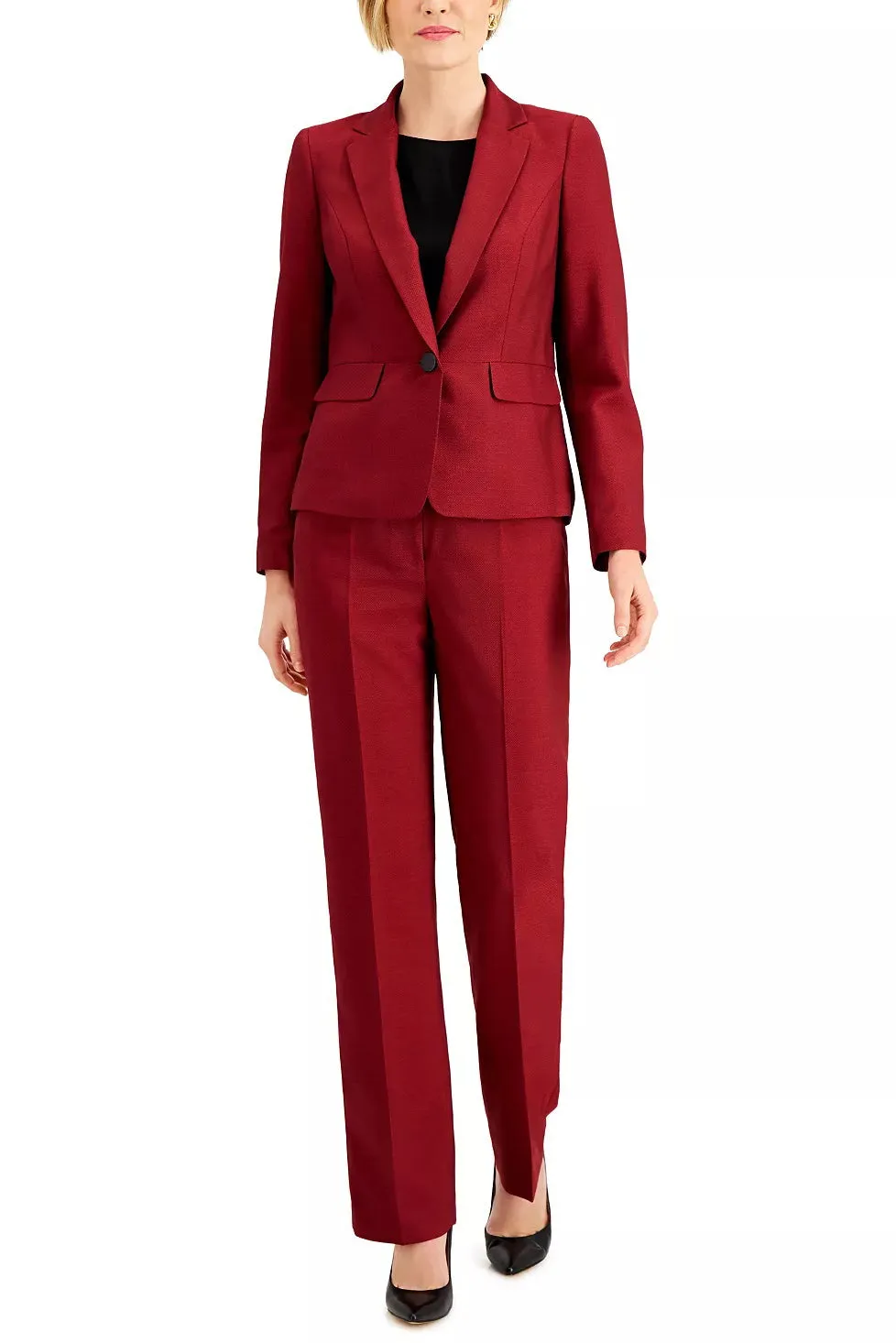 Le Suit Notched Collar One Button Jacket with Matching Crepe Pants (Petite)