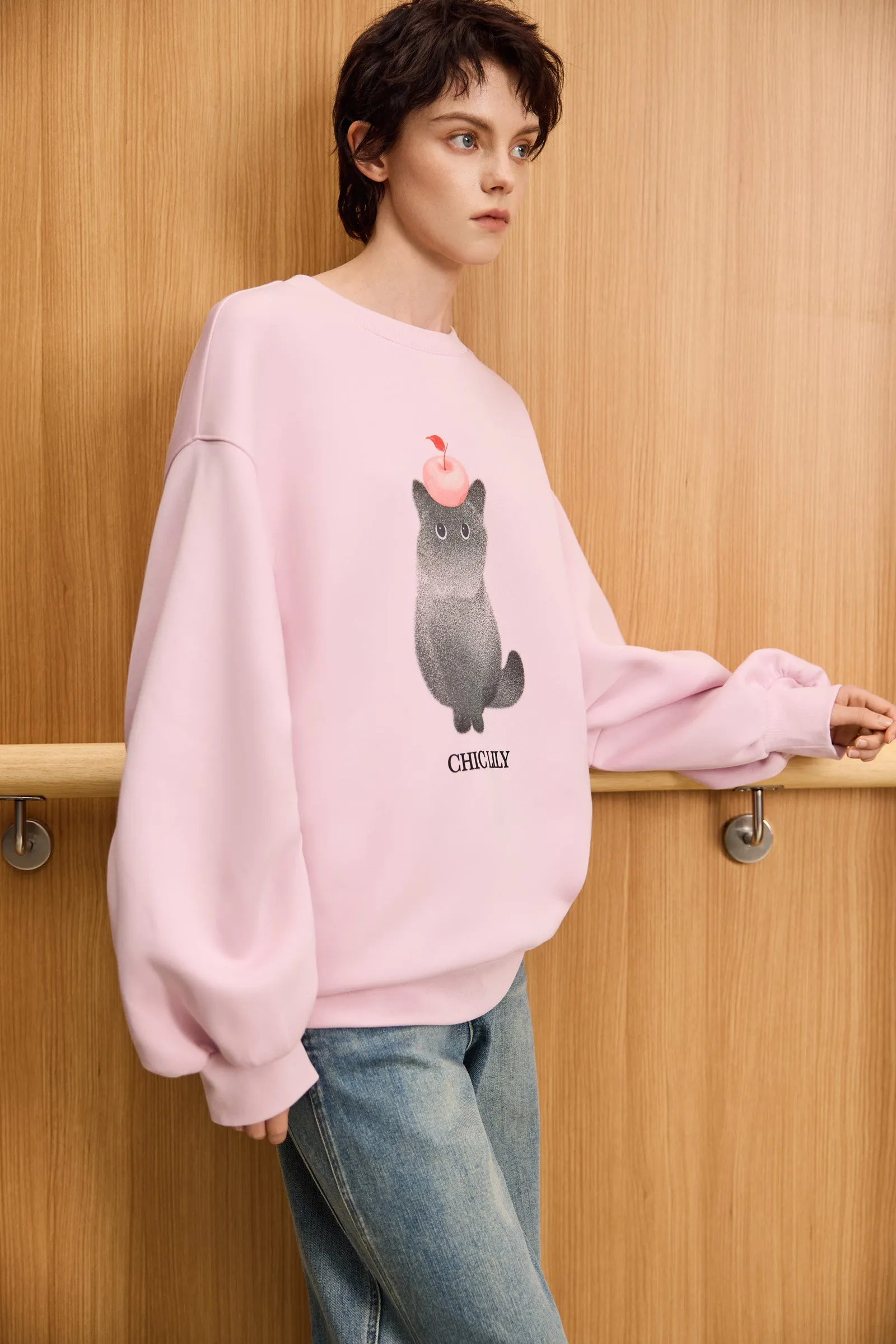 LILY Cat Graphic Crewneck Pullover Sweatshirt