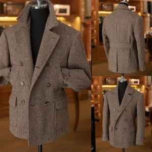 Men Overcoat Herringbone Short Coat Vintage British Style High Quality Fashion Formal Business Daily Warm Tailored