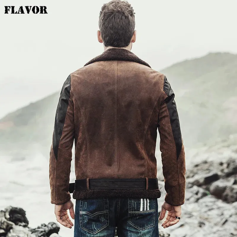 Men's Pigskin Leather Jacket with Faux Fur Shearling Coat