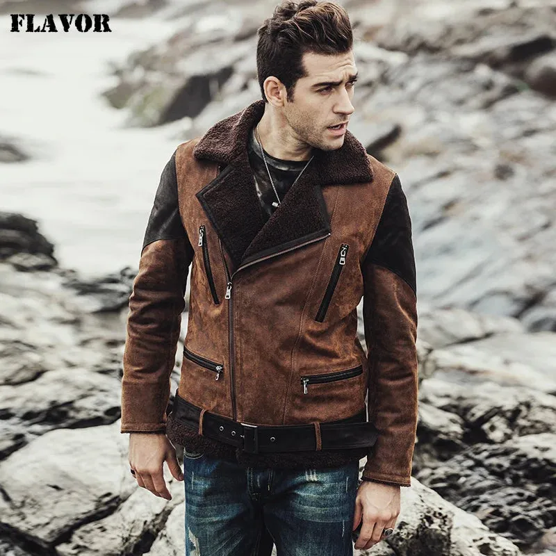 Men's Pigskin Leather Jacket with Faux Fur Shearling Coat