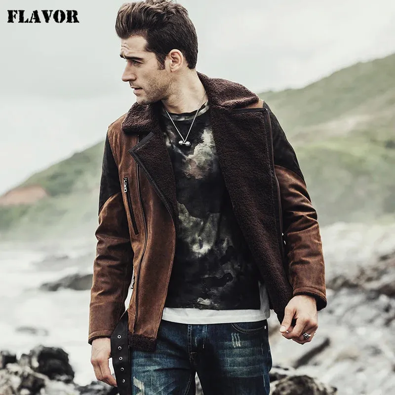 Men's Pigskin Leather Jacket with Faux Fur Shearling Coat