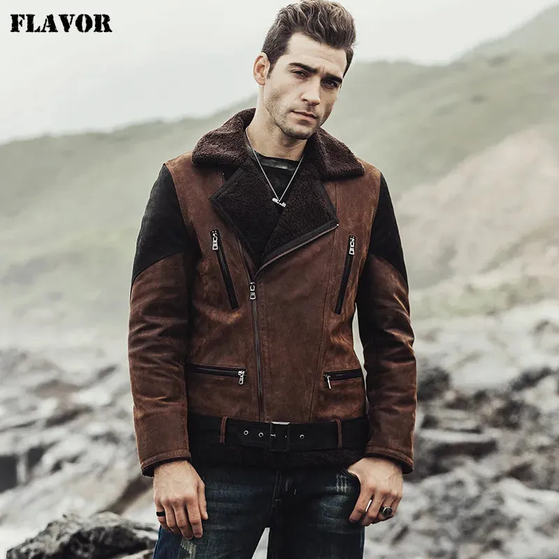 Men's Pigskin Leather Jacket with Faux Fur Shearling Coat