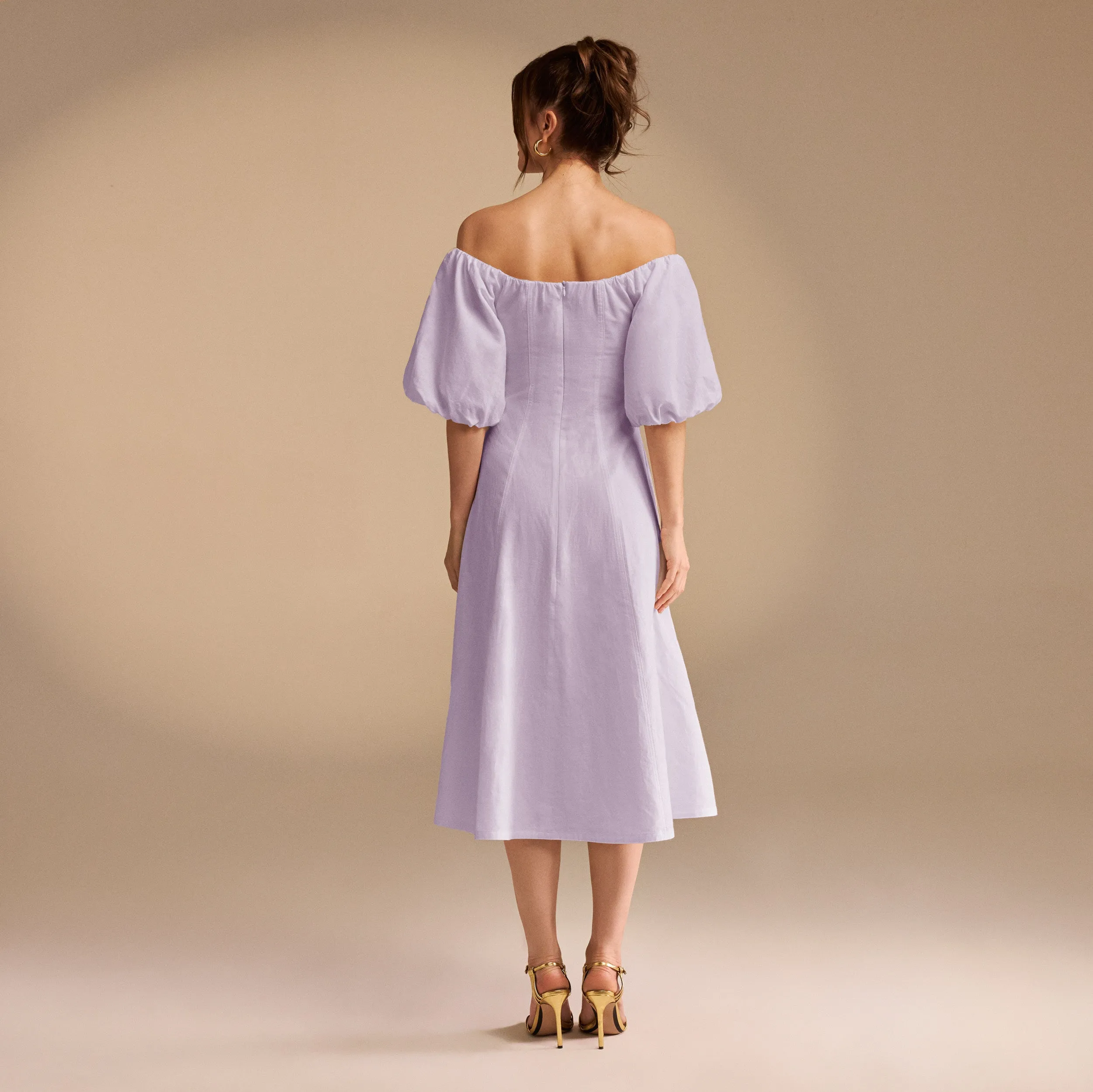 Off-Shoulder Balloon Sleeve Linen Blend Midi Dress