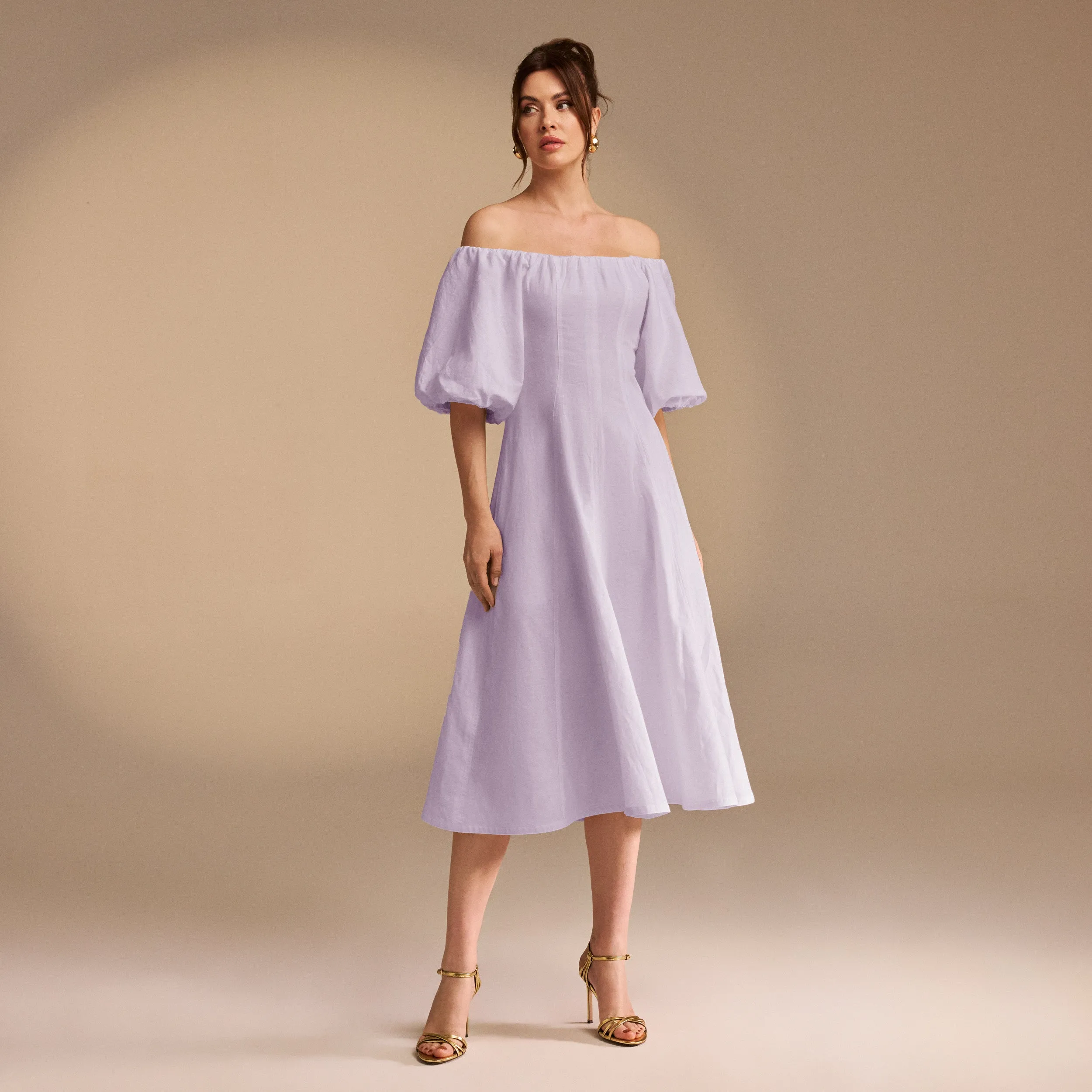 Off-Shoulder Balloon Sleeve Linen Blend Midi Dress