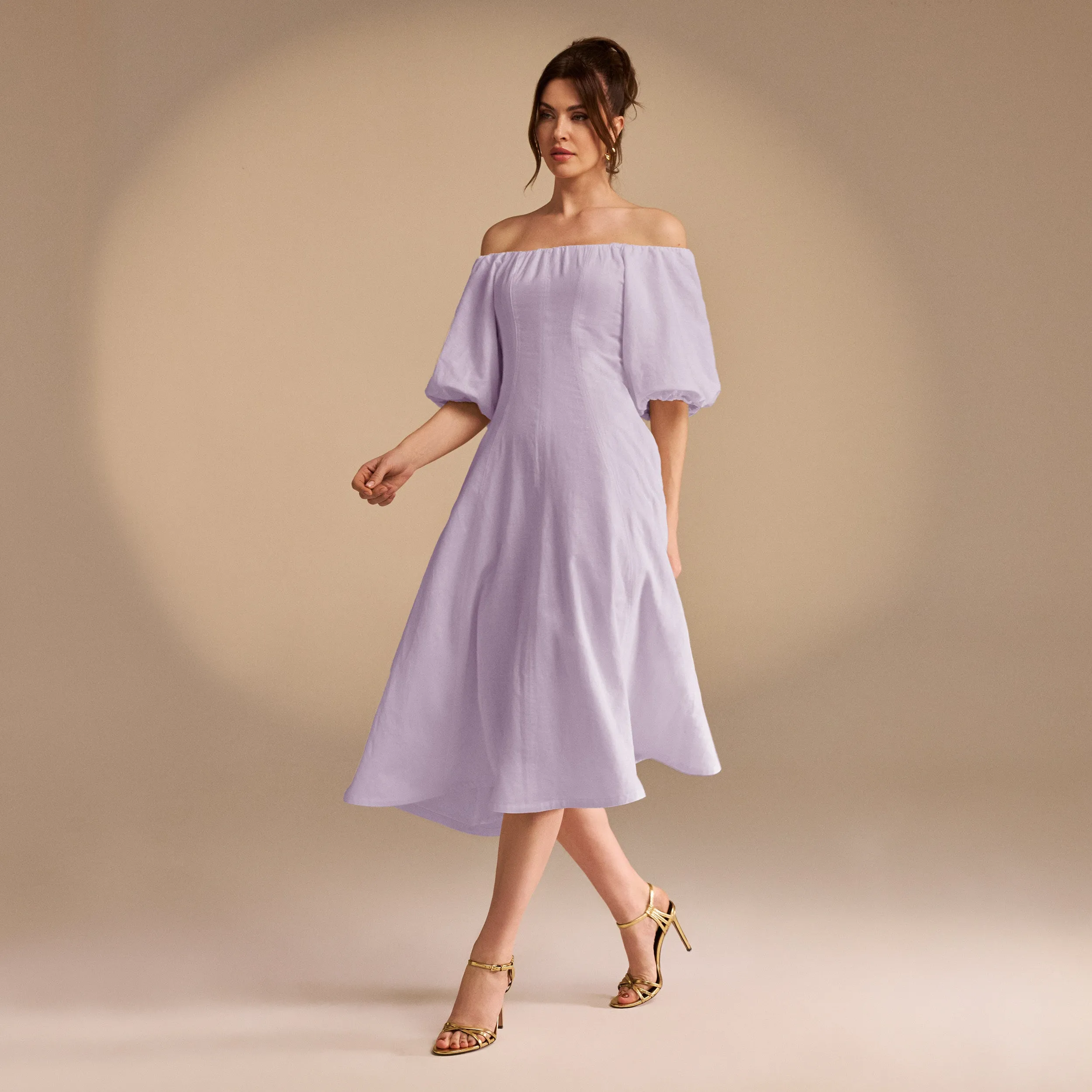 Off-Shoulder Balloon Sleeve Linen Blend Midi Dress