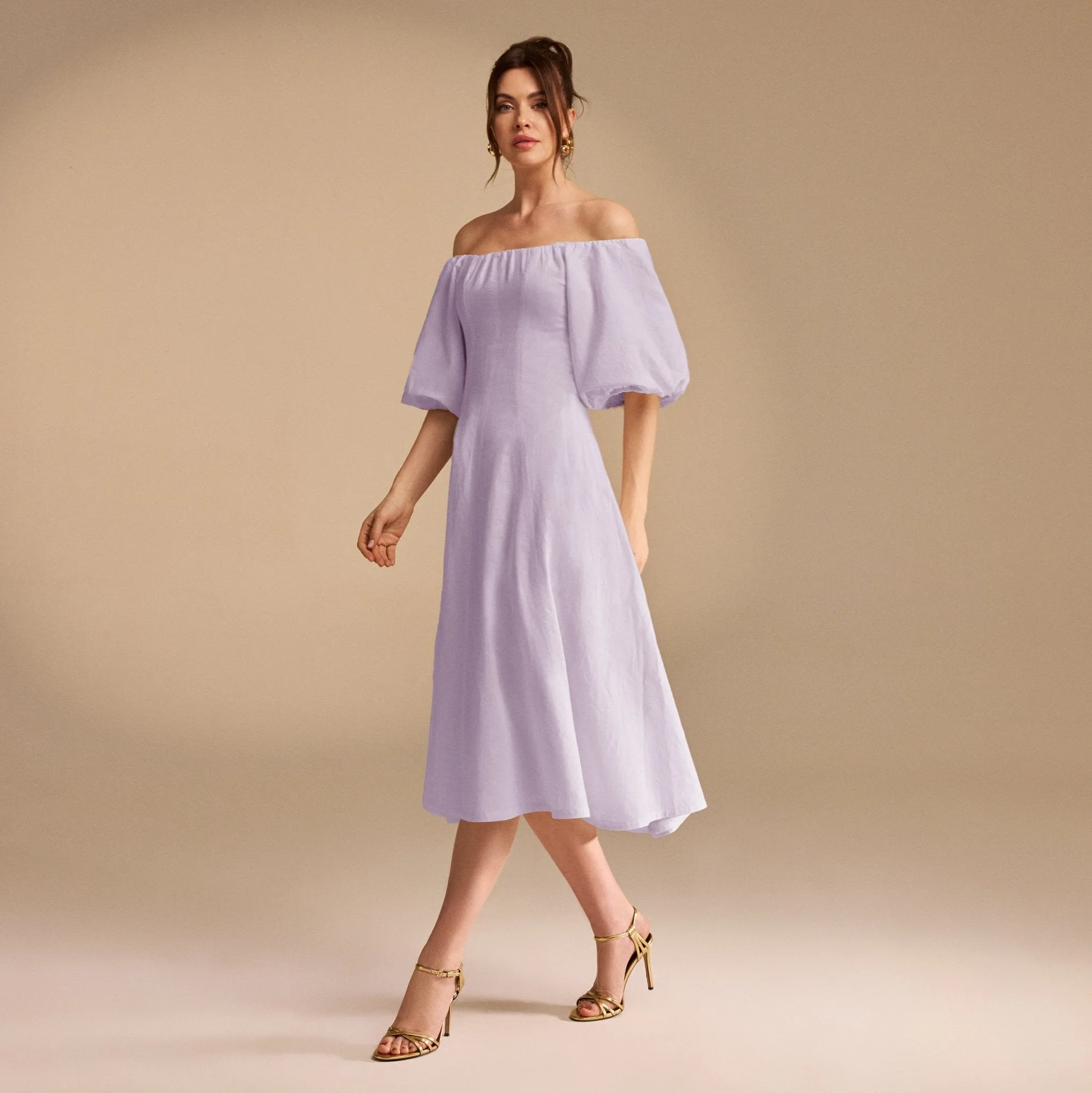 Off-Shoulder Balloon Sleeve Linen Blend Midi Dress