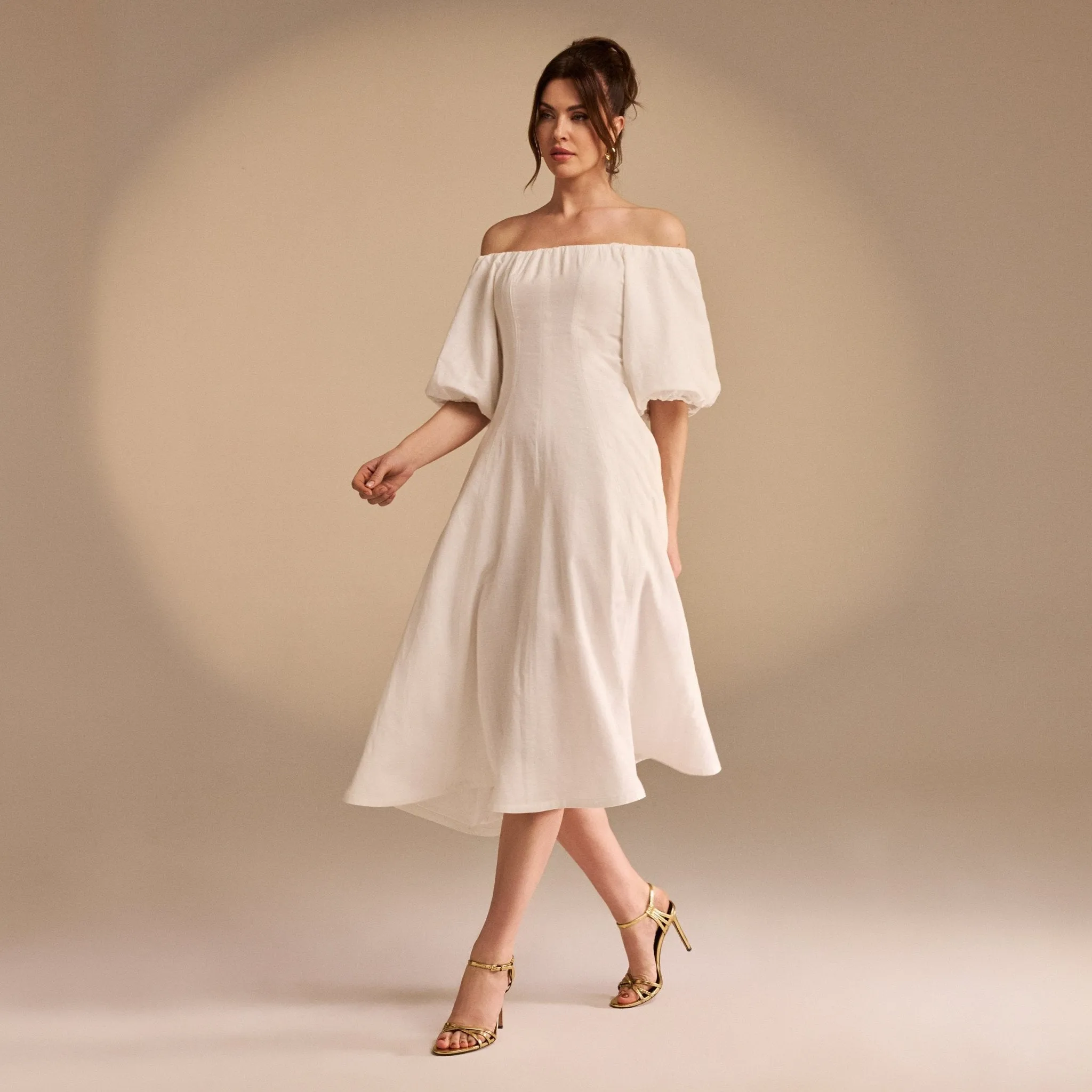 Off-Shoulder Balloon Sleeve Linen Blend Midi Dress