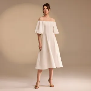 Off-Shoulder Balloon Sleeve Linen Blend Midi Dress