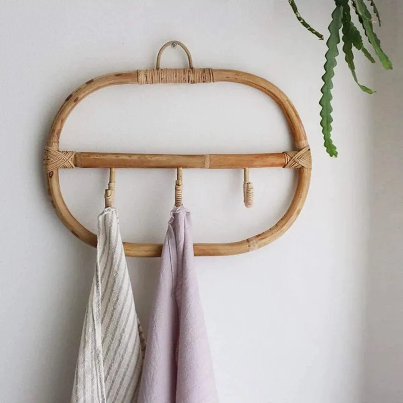 Rattan Hanging Wall Hooks Shelf - Kids Room Home Decor - Boho Hat Kids Clothes Entryway  Organizer - Coat Rack Bathroom Towel Hanger Bedroom