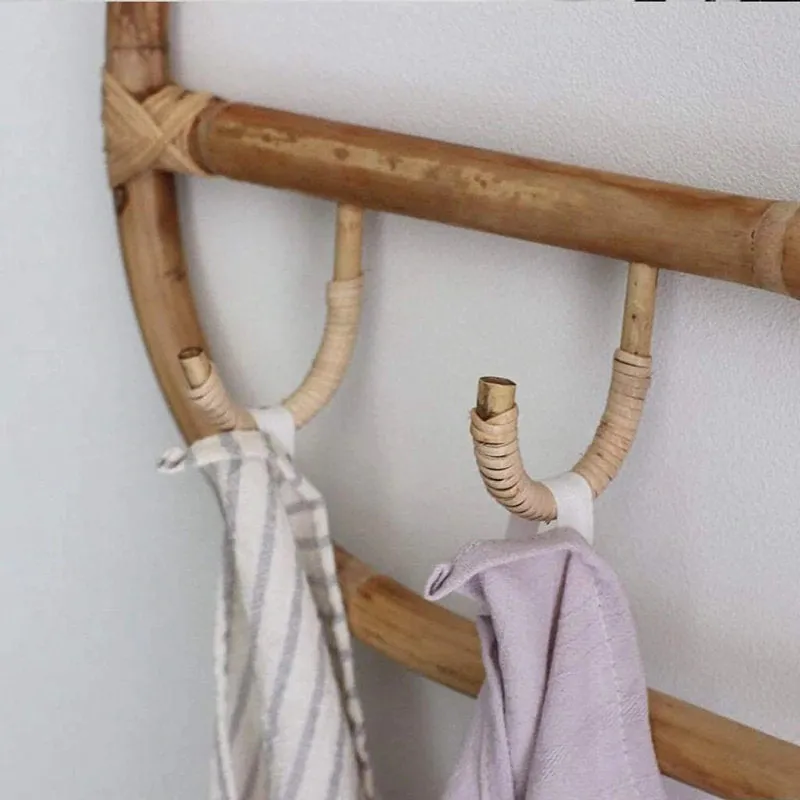 Rattan Hanging Wall Hooks Shelf - Kids Room Home Decor - Boho Hat Kids Clothes Entryway  Organizer - Coat Rack Bathroom Towel Hanger Bedroom