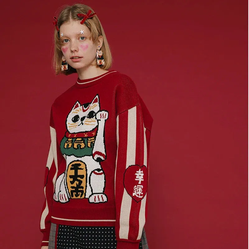 Wenkouban-Christmas Thanksgiving outfits_Thick Warm Retro Lucky Cat Red Cotton Jumper Christmas Sweater