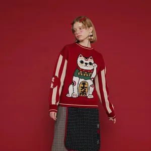 Wenkouban-Christmas Thanksgiving outfits_Thick Warm Retro Lucky Cat Red Cotton Jumper Christmas Sweater