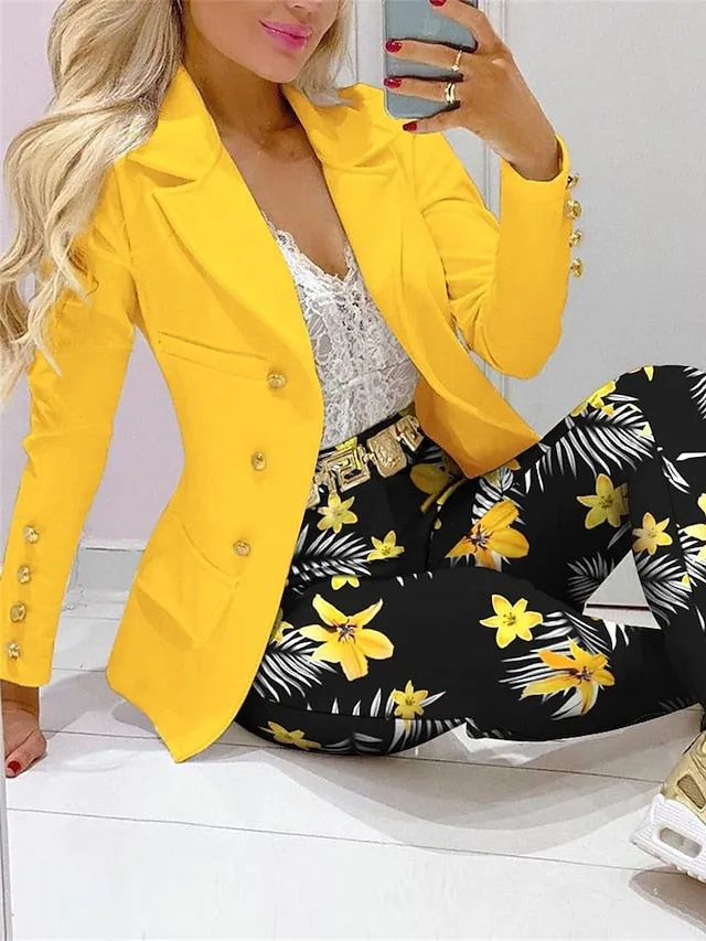 Women's Suits Office Work Daily Wear Spring Fall Regular Coat Regular Fit Thermal Warm Windproof Breathable Stylish Contemporary Modern Style Jacket Long Sleeve Floral Tie Dye Print White Yellow Pink