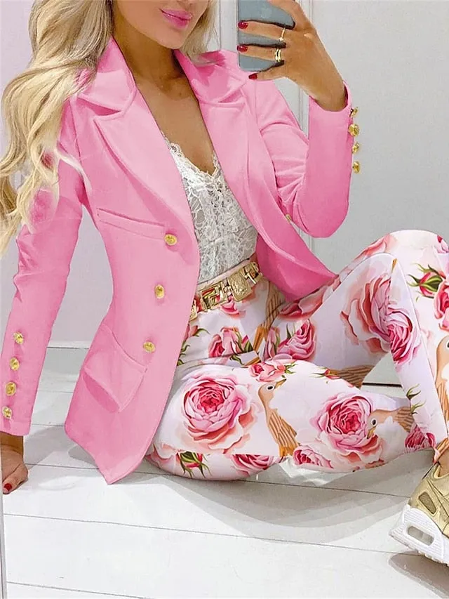 Women's Suits Office Work Daily Wear Spring Fall Regular Coat Regular Fit Thermal Warm Windproof Breathable Stylish Contemporary Modern Style Jacket Long Sleeve Floral Tie Dye Print White Yellow Pink